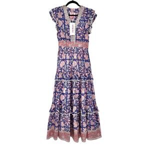 NWT Sal Rosa Womens Boho Hand Block-Printed Floral Tiered Maxi Dress Size M $235